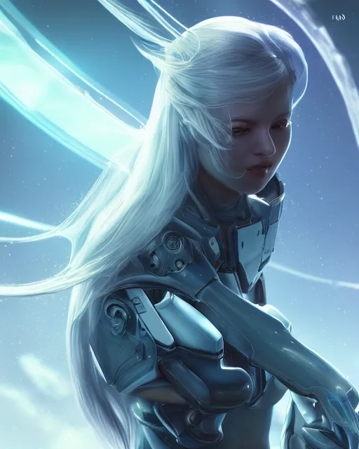 Image similar to perfect android girl on a mothership, warframe armor, beautiful face, scifi, futuristic, galaxy, nebula, raytracing, dreamy, long white hair, blue cyborg eyes, sharp focus, cinematic lighting, highly detailed, artstation, divine, by gauthier leblanc, kazuya takahashi, huifeng huang