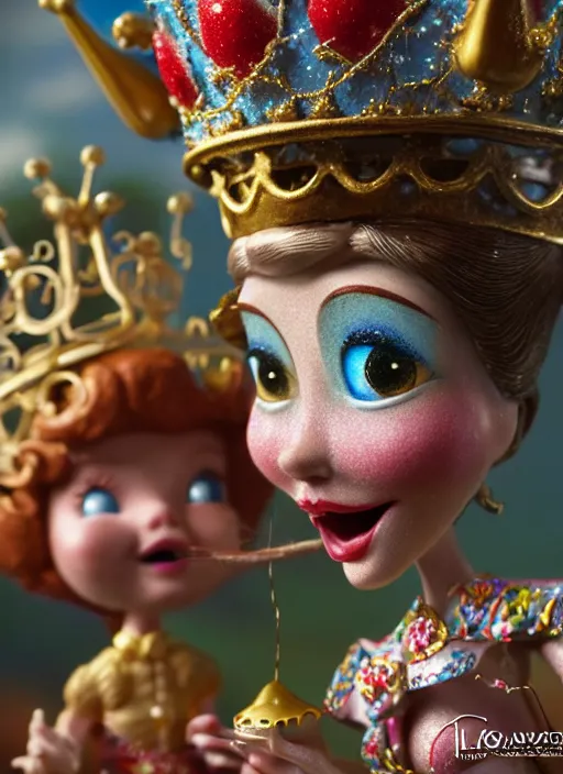 Image similar to highly detailed closeup, face profile portrait of a tin toy fairytale princess wearing a crown eating cakes, bikini, unreal engine, by nicoletta ceccoli, mark ryden, lostfish, dan decarlo, bob clampett, max fleischer, global illumination, detailed and intricate environment