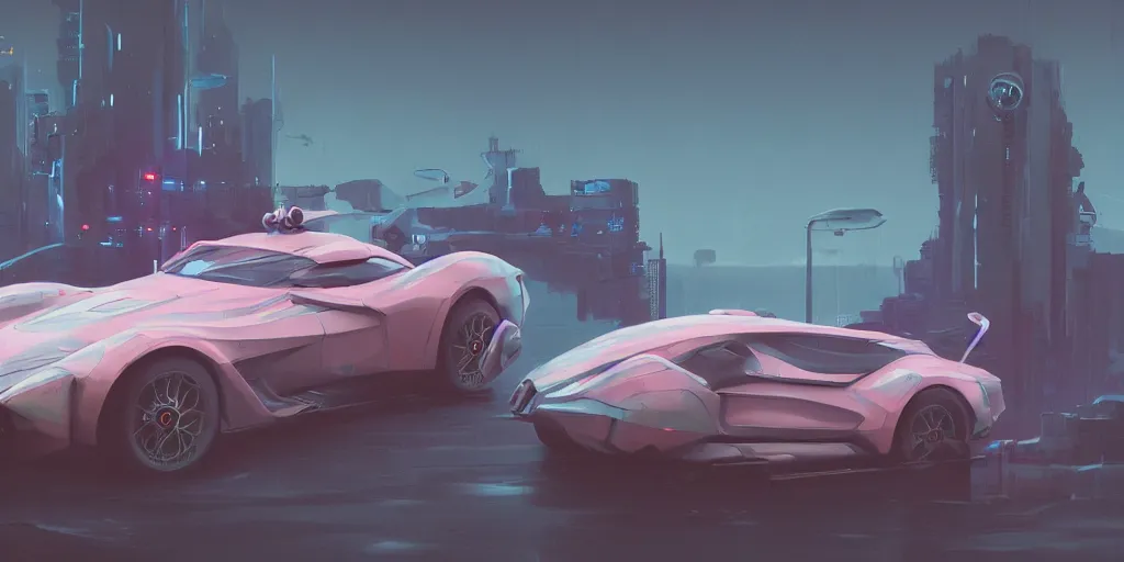 Image similar to Hard Surface Shape Form Exploration, Detailed, artstation, 8k, sci-fi, pastel colors, props, panel, concept, simon stalenhag,syd mead, ferrari, bladerunner