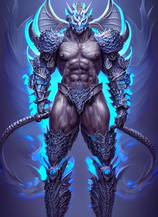 Image similar to muscular and tall blue ghostly fire humanoid dragon!!!! draconian!! intricate ornate iridescent heavy armor!! character concept art, sharp focus, octane render! unreal engine 5! highly rendered!! trending on artstation!! detailed linework!! illustration by artgerm, wlop, and chie yoshii