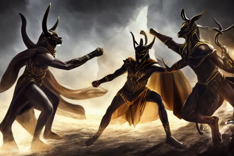 Image similar to battle to the death between anubis and loki, 4 k, hd, concept art