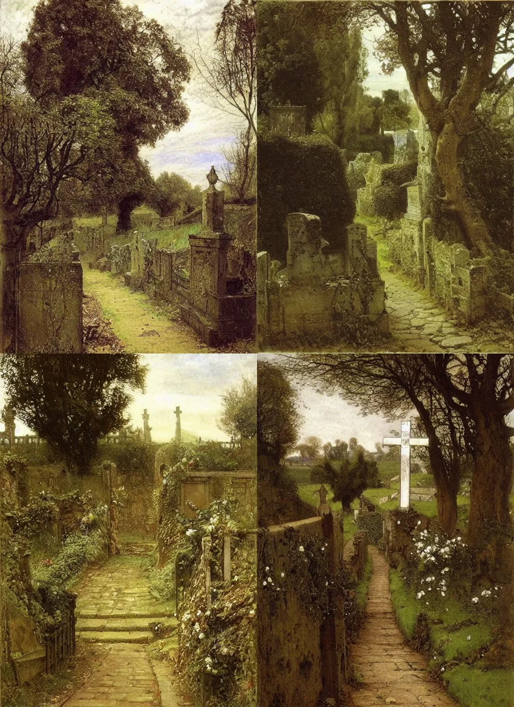 Prompt: english manchester cemetery, path towards church, dark, overgrown, weeds and ivy on the graves, an old twisted tree, a tall stone wall, lawrence alma-tadema
