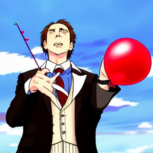 Prompt: saul goodman throwing dart at red ballon, still from anime