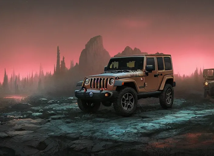 Image similar to jeep wrangler, an epic fantasy, dramatic lighting, cinematic, establishing shot, extremely high detail, photorealistic, cinematic lighting, artstation, by simon stalenhag, horizon forbidden west