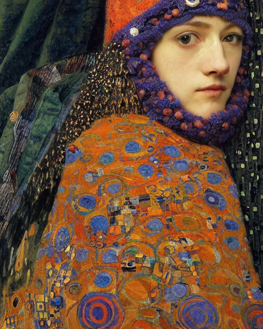 Prompt: a close up of beautiful wearing a balaclava surrounded by colourful intricate patterns, by gustave klimt edgar maxence and caravaggio and michael whelan, intricate painting, hyper realistic, extremely detailed and beautiful aesthetic face, 8 k resolution