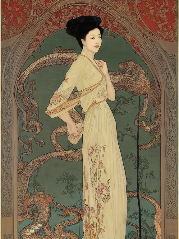 Image similar to an art nouveau painting of a pretty young zhang ziyi, dressed in a traditional, modest chinese intricately embroidered silk gown with a high collar, in front of a carved screen showing a tiger and a dragon, intricate, detailed, smooth, complex, elaborate, by alphonse mucha and james gurney and john william waterhouse