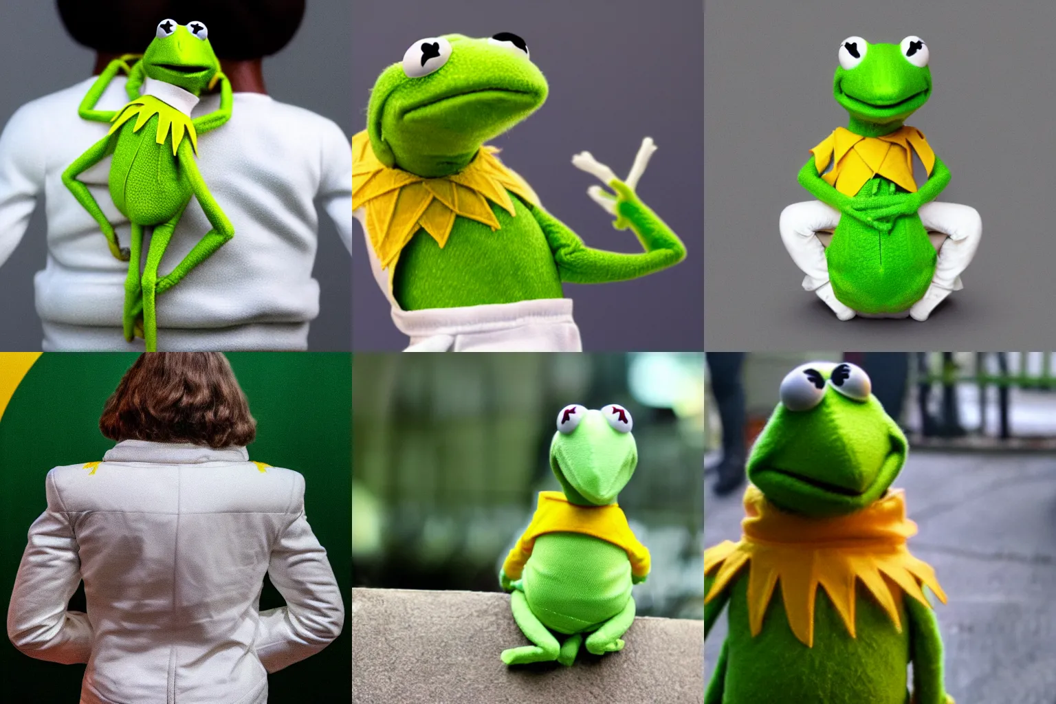 Prompt: back view of kermit the frog wearing white jacket with yellow scorpio on his back, cinematic, realistic