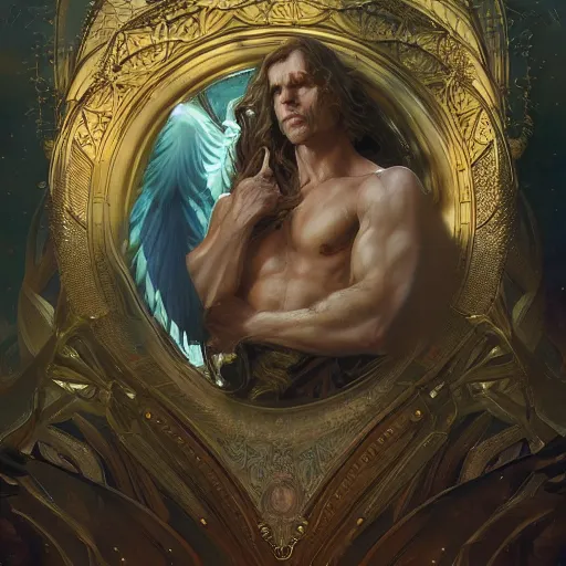 Prompt: portrait of nick bostrom as a heavenly god, full body, muscular, fantasy, intricate, elegant, highly detailed, digital painting, artstation, concept art, matte painting, sharp focus, illustration, art by artgerm and greg rutkowski and alphonse mucha