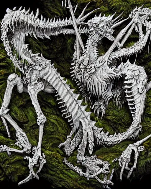 Image similar to white dragon skeleton covered in moss and flowers, intricate details, hyperrealistic, hr giger