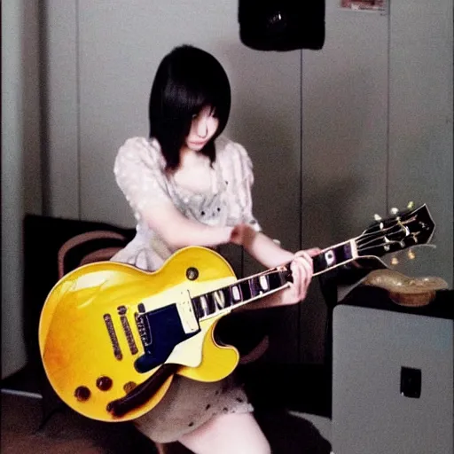 Prompt: real-life Yui Hirasawa with a Gibson Pre-'08 Les Paul Standard, a still of a Japanese music movie