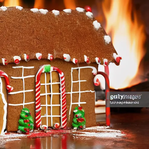 Image similar to gingerbread house arson scene, high resolution news photo