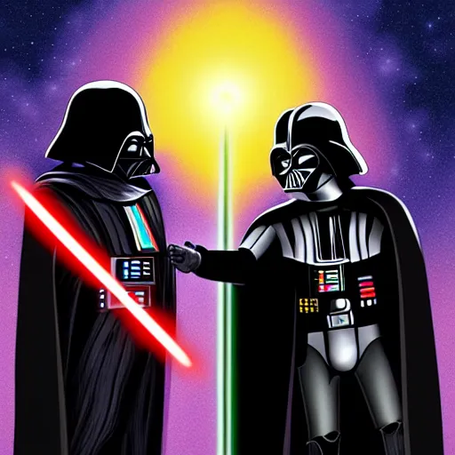 Prompt: Darth Vader and Palpatine star wars fistbumping into an galaxy explosion digital art