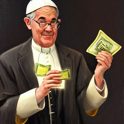 Prompt: pope jerome powell, wearing the pope hat, holding wad of money, patron saint of money printers, illuminated by the light of heaven, 8k, 4k, oil painting, award winning portrait of his holiness jerome powell, masterpiece