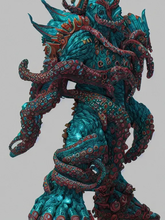 Image similar to full body frontview portrait of powerful warrior in octopus armour, designed in blender, 4 k hd, octane render, intricate and highly detailed, coloured with lots of colour, posing