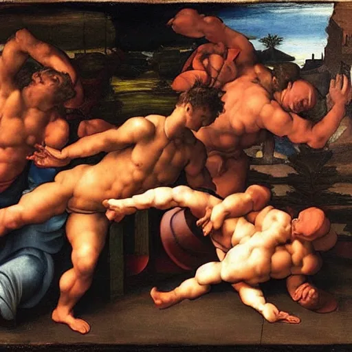 Image similar to two men are fighting on a deck at night, a screenshot by michelangelo, featured on reddit, temporary art, renaissance painting, demonic photograph, ultra realistic