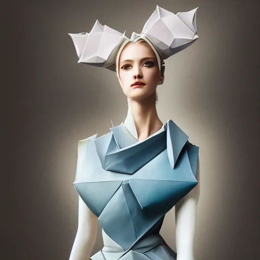 Image similar to 3 / 4 view of a beautiful girl wearing an origami dress, eye - level medium shot, elegant, by eiko ishioka, givenchy, by peter mohrbacher, centered, fresh colors, origami, fashion, detailed illustration, vogue, high depth of field, japanese, reallusion character creator