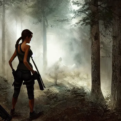 Image similar to photo of lara croft being arrested by cops in a forest, 8 k, by greg rutkowski, artgerm,