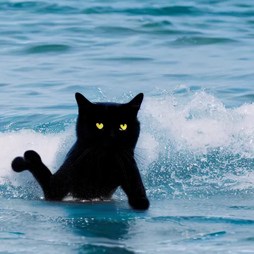 Image similar to black cute cat surfing on a surfboard, 8 k