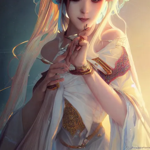 Image similar to portrait of hatsune miku, d & d, fantasy, intricate, elegant, highly detailed, digital painting, artstation, concept art, smooth, sharp focus, illustration, art by artgerm and greg rutkowski and alphonse mucha