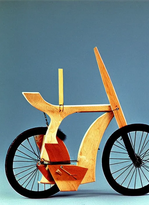 Image similar to realistic photo of a a medieval ritual astronomy appliance bicycle, made of wood white clay and fur with black wires 1 9 9 0, life magazine reportage photo, natural colors, metropolitan museum collection