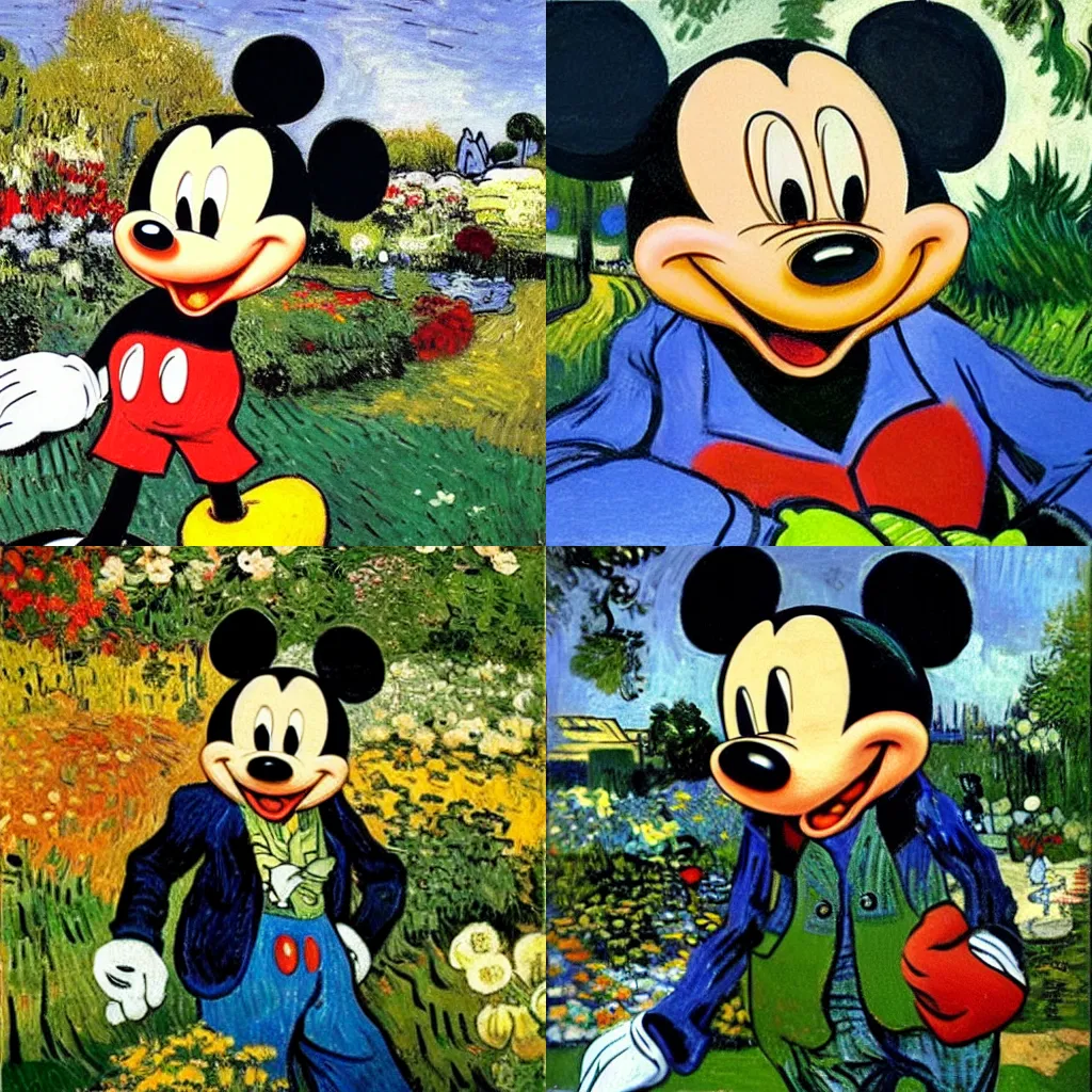 Prompt: portrait of mickey mouse, there is a beautiful garden in the background, oil painting by van gogh