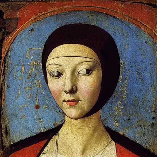 Prompt: portrait of a young woman with a happy face in 1342 by Italian late medieval painter Ambrogio Lorenzetti