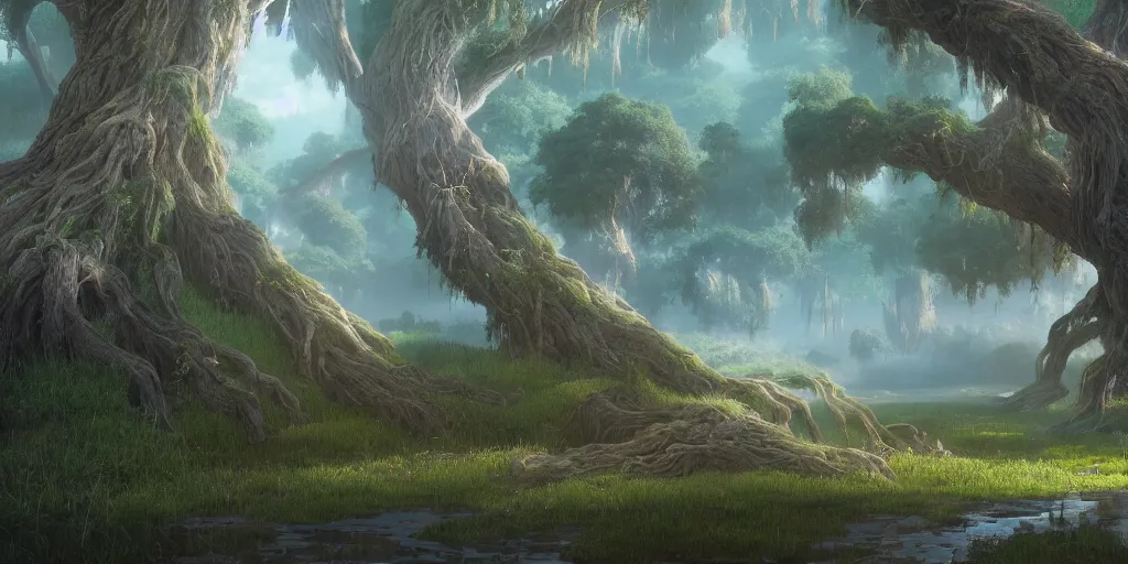 Prompt: willow tree, matte oil painting, highly detailed, hyperrealistic, cinematic, breathtaking, beautiful composition, Studio Ghibli, Dan Mumford, James Jean, volumetric lighting, octane render, trending on artstation