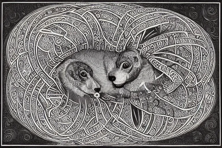 Image similar to an ornate illustration in the styles of mandalas and fractals, the styles of escher and penrose, depicting a weasel staring deep into the heart of the impossible all - and - nothing of the emerging singularity ; / what has god wrought? / he seems to be whispering.