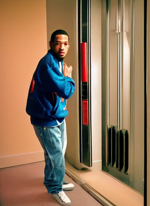 Prompt: Portrait of a 1990s Philadelphia b-boy looking back while exiting his apartment, hand on the doorknob, photographed for Reuters, Kodak Portra 400, 25mm f/1.8, light diffusion, contrast, film grain, 8k archival print, after Petrus van Schendel