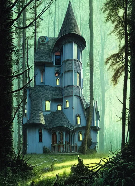 Image similar to hyper realistic witchy modern gothic house with mood lighting and tech in the woods gorgeous lighting, sunbeams blue sky, highly detailed, lush forest foliage painting by zdzisław beksinski and norman rockwell and greg rutkowski weta studio, and lucasfilm