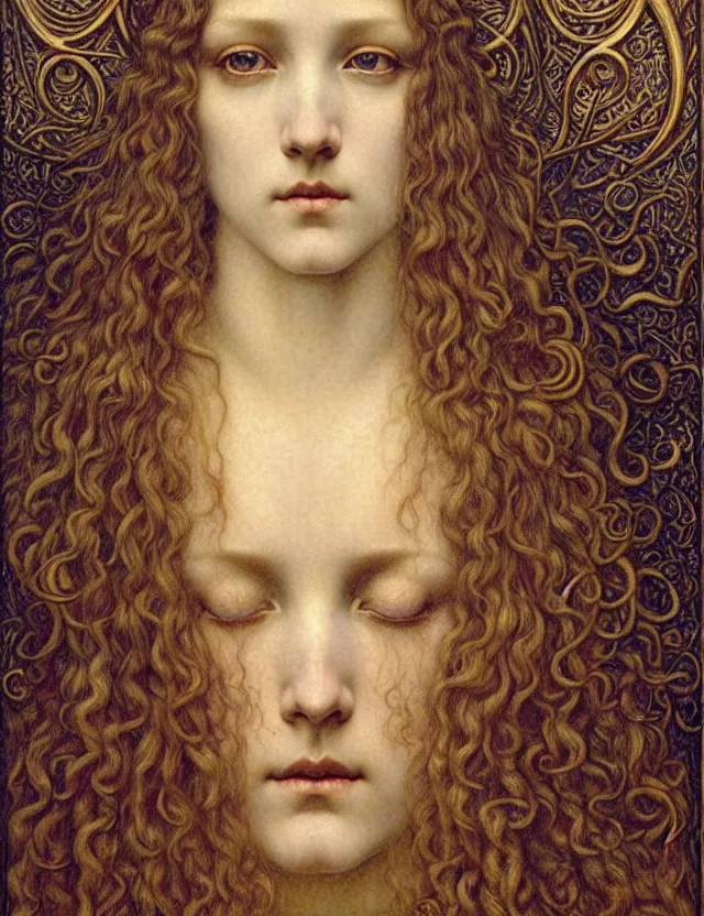 Image similar to detailed realistic beautiful young medieval queen face portrait by jean delville, gustave dore and marco mazzoni, art nouveau, symbolist, visionary, gothic, pre - raphaelite. horizontal symmetry