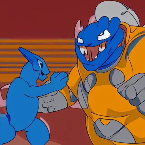 Image similar to blastoise punching charizard in the face, wrestling ring