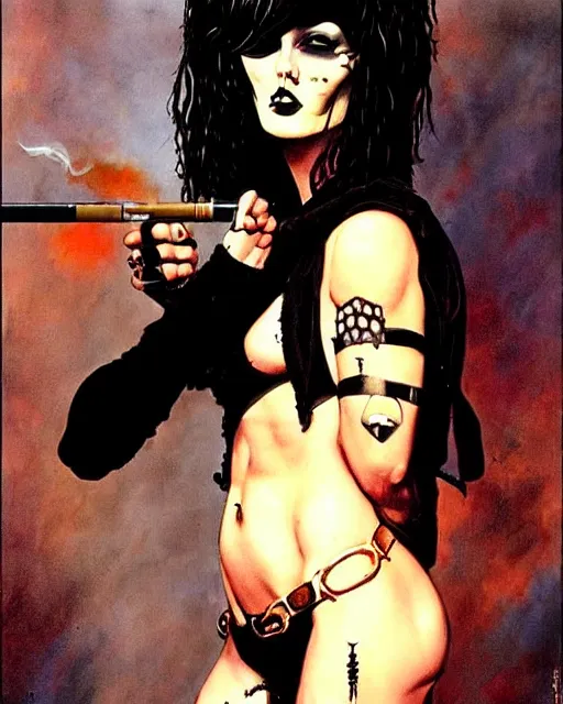 Image similar to portrait of a skinny punk goth soldier smoking a cigarette by simon bisley, john blance, frank frazetta, fantasy, barbarian