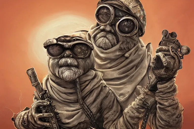 Image similar to a highly detailed forgotten garden gnome wearing goggles and head scarf surviving in a vast barren desert, hopeless wasteland background with a relentless raging sun overhead, post - apocalyptic road warrior vibe, dynamic pose, an ultrafine detailed painting by joe fenton, trending on deviantart, pop surrealism, whimsical, lowbrow, perfect symmetrical face, sharp focus, octane, masterpiece