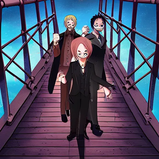 Prompt: two young men, one man human, one man vampire, night, on a bridge, in the style of one piece