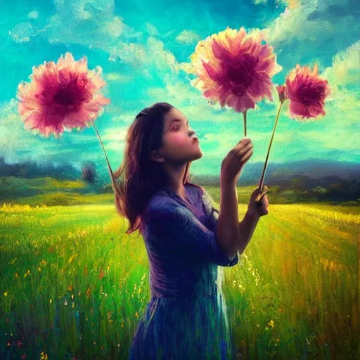 Image similar to girl with a singular flower for a head, surreal photography, dream, standing in flower field, magical, in a valley, sunrise dramatic light, impressionist painting, colorful clouds, artstation, simon stalenhag, flower face