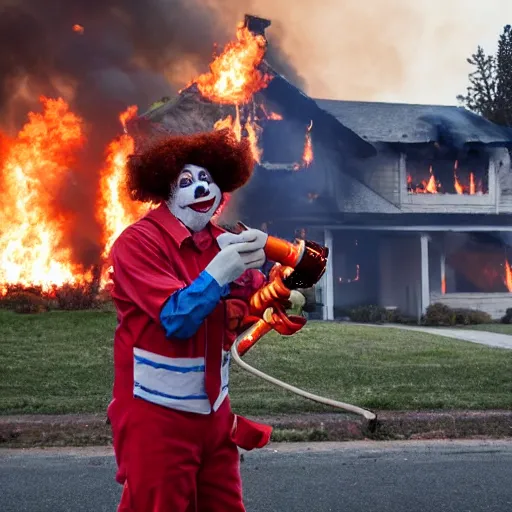 Image similar to photo of a clown using a flamethrower. In the background there is a house fire. award-winning, highly-detailed, 8K