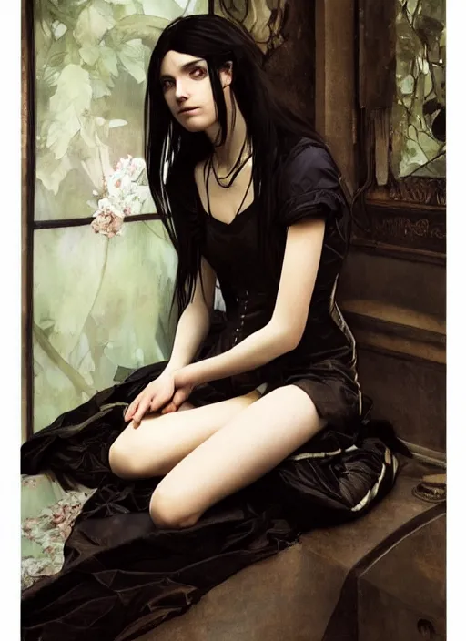 Image similar to a 1 6 year old girl eveline from resident evil 7 with straight long black hair wearing black dress that sitting on bathroom floor, photo for vogue, model エリサヘス s from acquamodels, art by artgem, greg rutkowski and alphonse mucha