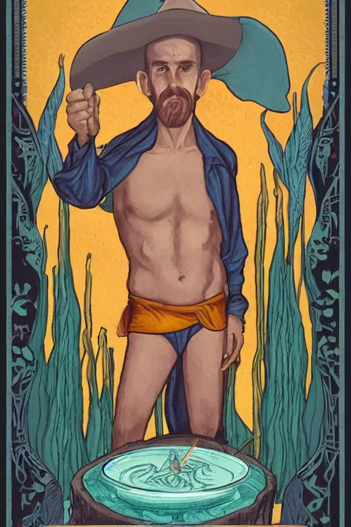 Prompt: an ethereal, serene symmetrical tarot card painting of a shirtless handsome goofy cowboy with a heavyset build and beer belly | background is a serene campfire | cans of beans and jugs of whisky | tarot card, art deco, art nouveau | by Mark Maggiori | trending on artstation