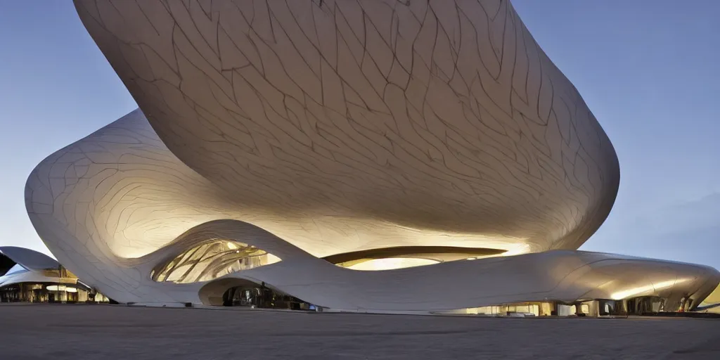 Image similar to extremely elegant smooth detailed stunning sophisticated beautiful elegant futuristic museum exterior by Zaha Hadid, smooth curvilinear design, stunning volumetric light, stainless steel, concrete, translucent material, beautiful sunset, tail lights