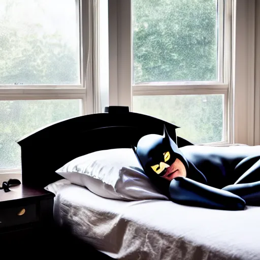 Image similar to man sleeping in bed with white tentacle mask with batman lurking menacingly in the window