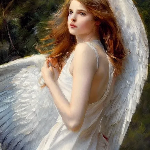 Prompt: a beautiful portrait of an angel with pretty face and her huge white wings spread out painted by gerhartz, highly detailed, beautiful, back lit, graceful and elegant, ethereal.