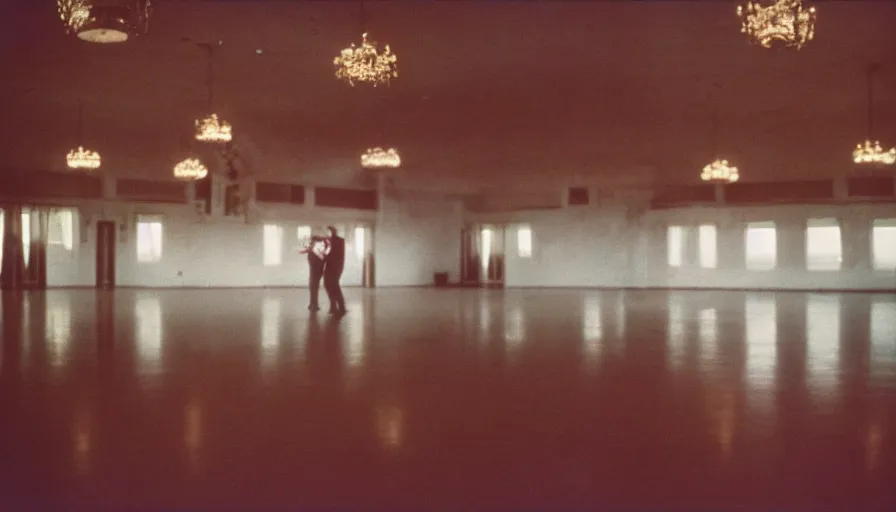 Prompt: 60s movie still of a sovietic stalinist style empty ballroom with 1 couple dancing, cinestill 800t 50mm eastmancolor, liminal Space style, heavy grain-s 150