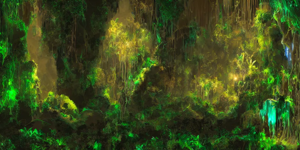Prompt: stalactite cave with (lush) vegetation, ((shiny)) bioluminescent diamonds and light shining through, digital painting, highly detailed