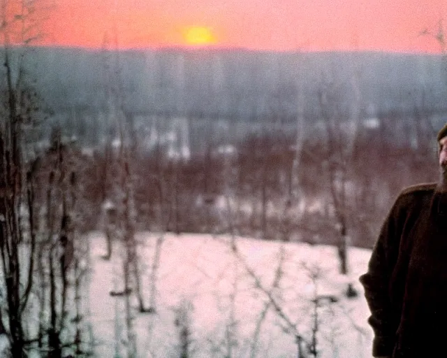 Prompt: award - winning lomographic tarkovsky film still of 4 0 years russian man with beard and sweater standing on small hrushevka 9 th floor balcony in taiga looking at sunset, kodak ektar, bokeh