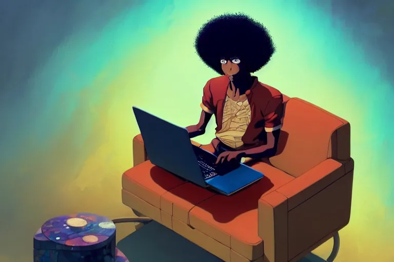 Prompt: a young afro man sitting on a sofa working on a laptop, wide angle shot from above, golden curve composition, animation portrait concept art, style of makoto shinkai, xision, james jean and peter mohrbacher, studio ghibli, artgerm, karol bak, dan mumford, 4 k hd, animation style