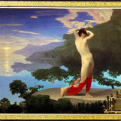 Image similar to The palace on the clouds, moon reflecting on the water, thunderstorm, greek pool, beach and Tropical vegetation on the background major arcana sky, by paul delaroche, alphonse mucha and arnold böcklin, hyperrealistic 8k, award-winning, very very very detailed