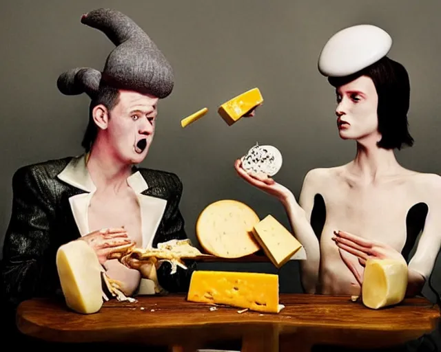 Image similar to incredible strange absurd artwork of androids tasting cheese, finding it very weird, weird tasting ritual of cheese products in the style of tim walker fashion photography