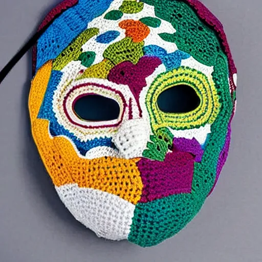 Prompt: multicolored crocheted mask, 1 9 8 0 s catalogue photo