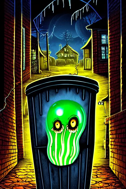 Image similar to a photorealistic vintage goosebumps cover art style illustration of a transparent jelly monster coming out of a garbage can in a dark alley way at night with moonlight casting shadows october autumn.